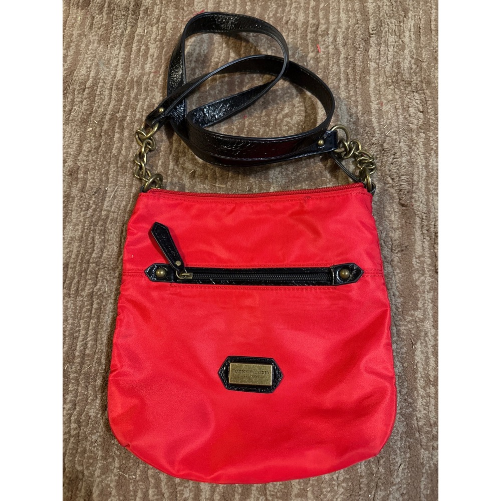 Tommy Hilfiger Crossbody Bag Red Nylon Shoulder Bag Chain Strap